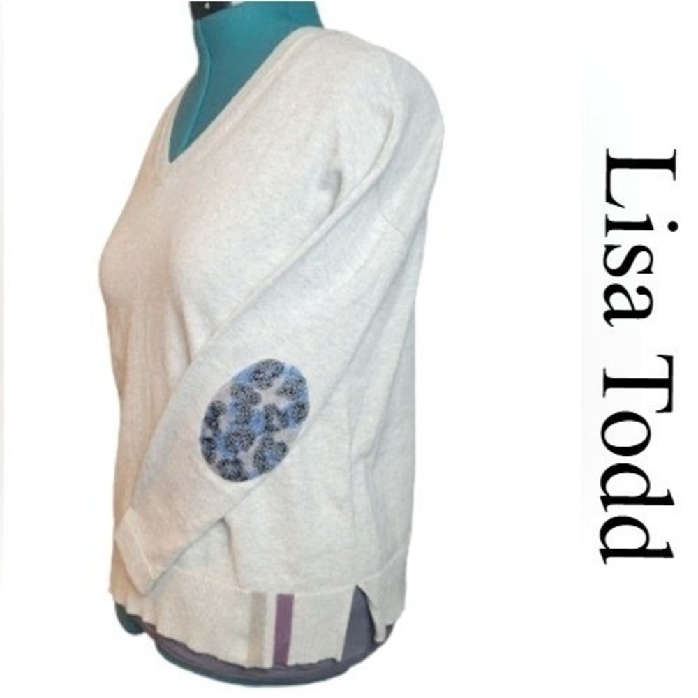 Lisa Todd Gray V-Neck Sweater Blue Leopard Elbow Patches Stripe Hem Small
